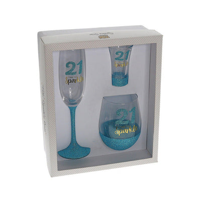 Set of 3 21st Birthday Sparkle Mint Shot, Stem & Flute Glass