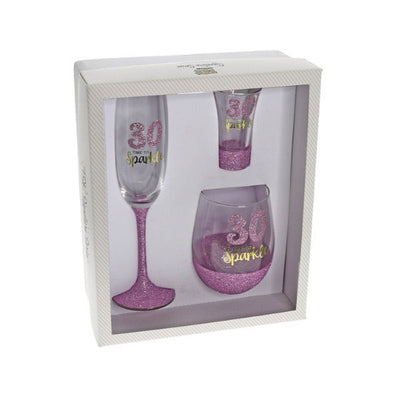 Set of 3 30th Birthday Sparkle Pink Musk Shot, Stem & Flute Glass