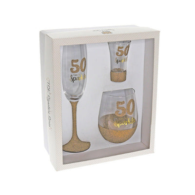 Set of 3 50th Birthday Sparkle Gold Shot, Stem & Flute Glass