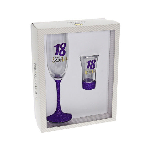 Set of 2 18th Birthday Sparkle Purple Shot & Flute Glass