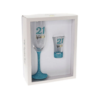 Set of 2 21st Birthday Sparkle Mint Shot & Flute Glass