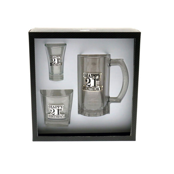 Set of 3 21st Birthday Badged Shot, Scotch & Beer Glass