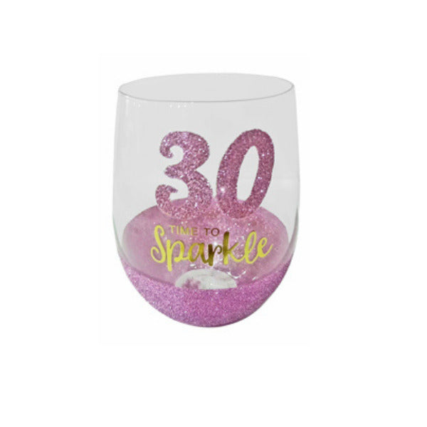 30th Birthday Stemless Pink Sparkle Wine Glass