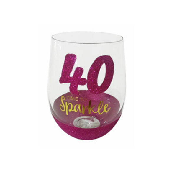 40th Birthday Stemless Fuchsia Sparkle Wine Glass