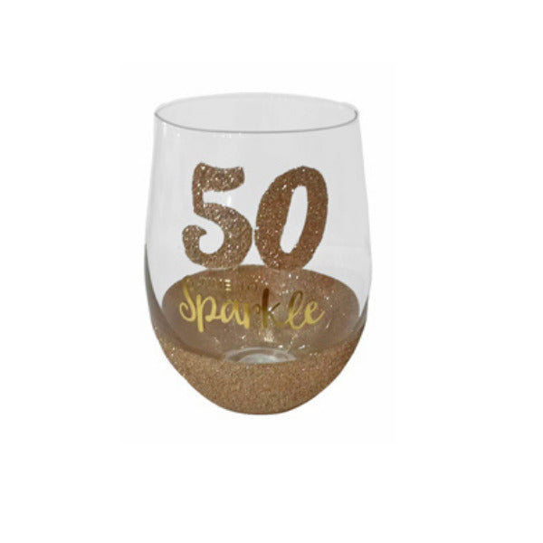 50th Birthday Stemless Gold Sparkle Wine Glass