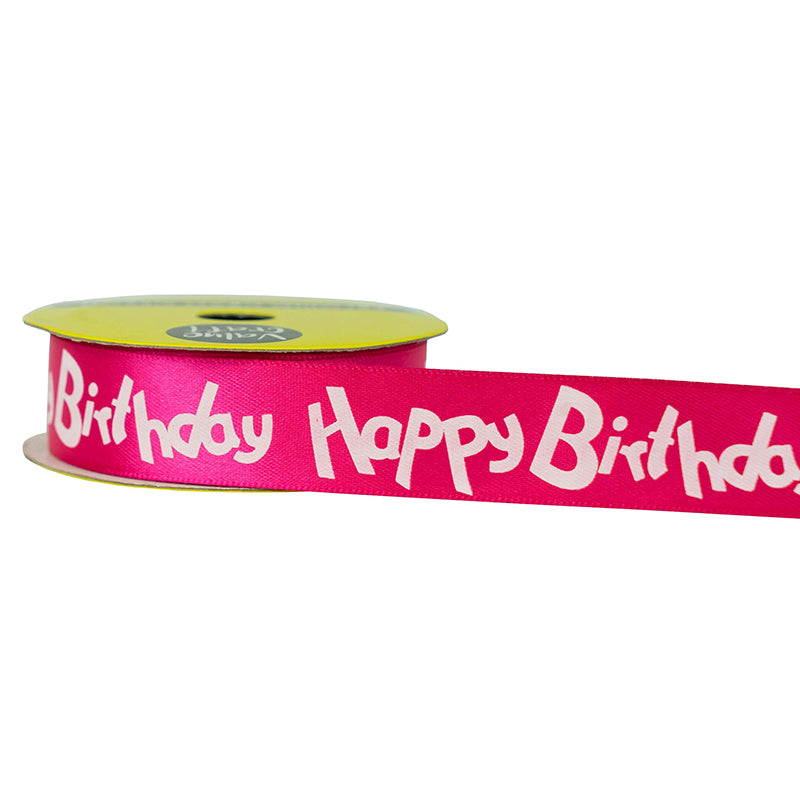 22mm Hot Pink & White Happy Birthday Ribbon 3m