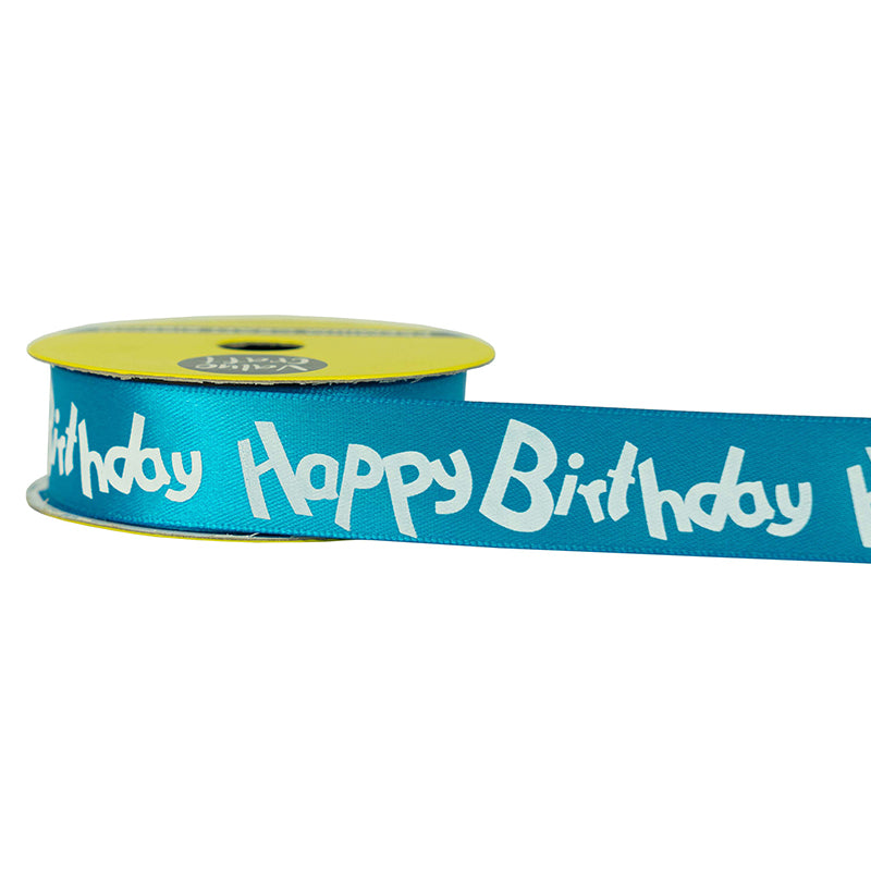 22mm Turquoise & White Happy Birthday Ribbon 3m