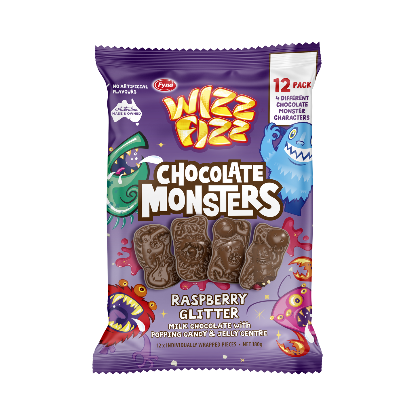 Wizz Fizz Raspberry Glitters Chocolate Monsters 180g