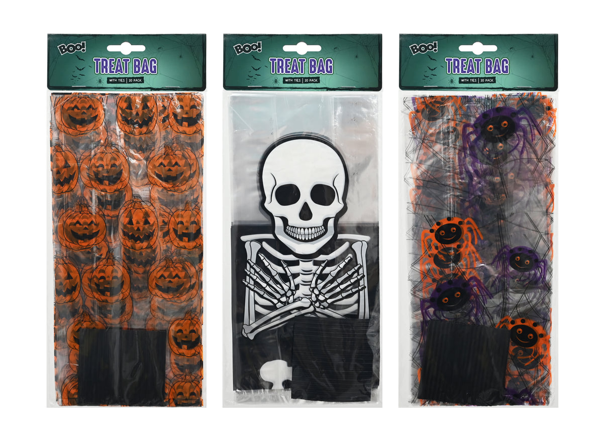 Halloween Transparent Treat Bags With Ties 27cm 20pk (colour or design selected at random)