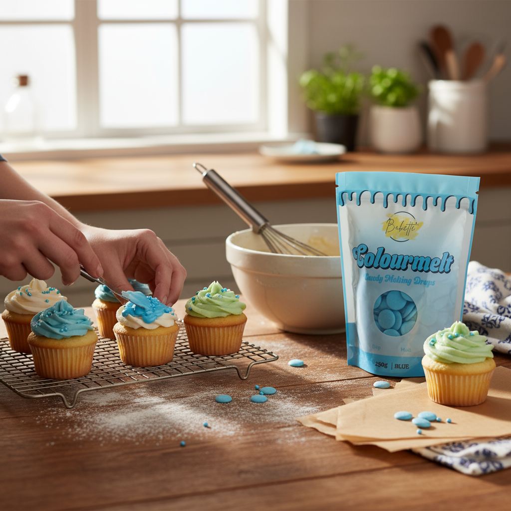 Person decorating cupcakes with blue and green frosting on a wooden table, with a bag of Colourmelt candy melts in the foreground.