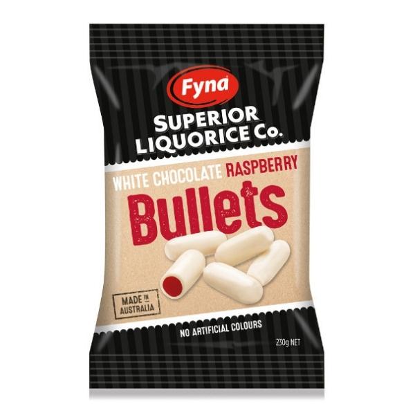 Fyna Superior Liquorice Co. White Chocolate Raspberry Bullets 230g