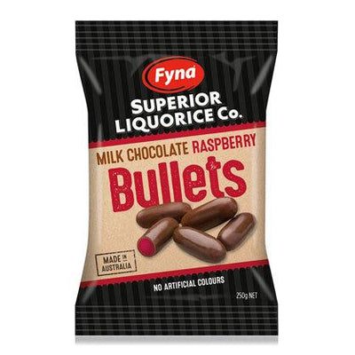 Fyna Superior Liquorice Co. Milk Chocolate Raspberry Bullets 250g
