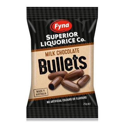 Fyna Superior Liquorice Co. Milk Chocolate Bullets 250g