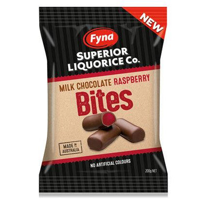 DATED SPECIAL Fyna Superior Liquorice Co. Milk Chocolate Raspberry Bites 200g (BB June 2024)